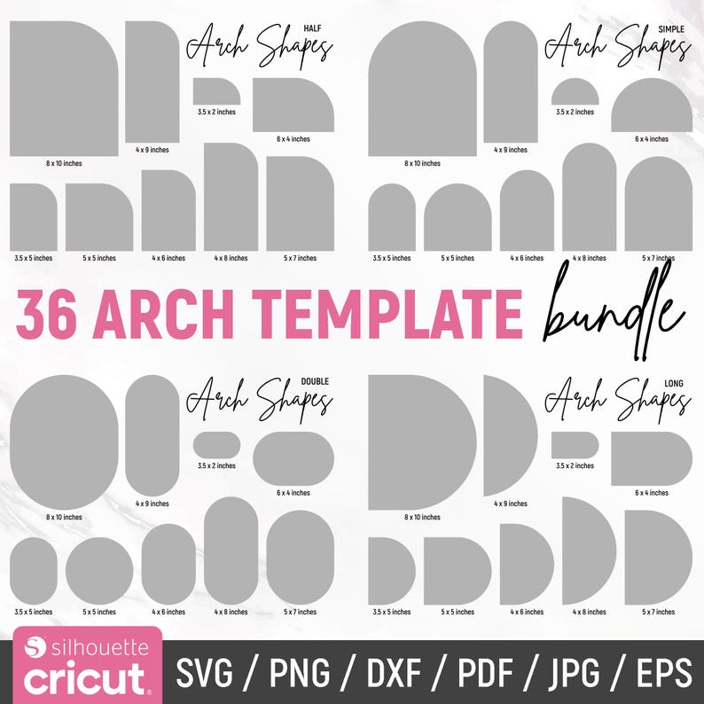 K&ouml;nnte beinhalten: Ein digitaler Download von 36 Bogenvorlagen in den Formaten SVG, PNG, DXF, PDF, JPG und EPS. Die Vorlagen sind in verschiedenen Gr&ouml;&szlig;en erh&auml;ltlich, darunter 3,5 x 2 Zoll, 6 x 4 Zoll, 4 x 8 Zoll, 5 x 5 Zoll und 8 x 10 Zoll. Die Vorlagen sind mit "Arch Shapes" beschriftet und in drei Kategorien unterteilt: "Half", "Double" und "Long".