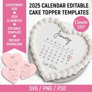 Burn Away Cake Topper Kalendervorlage, benutzerdefinierte Herz Cake Topper, Kalender 2025 druckbar, Geburtstagskuchendeckel, druckbar, Canva bearbeitbar