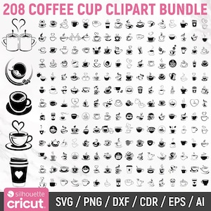 Könnte beinhalten: Eine Sammlung von 208 Kaffeebecher-Clipart-Designs in Schwarz und Weiß. Die Designs umfassen verschiedene Stile von Kaffeetassen, Bechern und To-Go-Bechern mit Herz- und Dampfdetails. Der Text "208 COFFEE CUP CLIPART BUNDLE" ist ebenfalls enthalten.