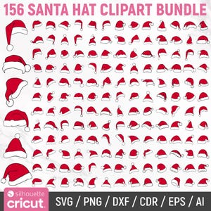 Könnte beinhalten: Eine Sammlung von 156 Clip-Art-Bildern von roten und weißen Weihnachtsmützen. Die Hüte variieren in Stil und Design, mit verschiedenen Formen und Details. Das Bild enthält den Text "156 SANTA HAT CLIPART BUNDLE" und Logos für Silhouette und Cricut.
