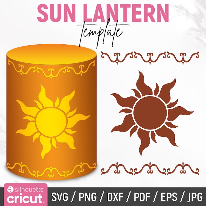 May include: A digital template for a sun lantern craft project. The template includes a design for a lantern with a sun and a border, as well as a separate sun design. The text "SUN LANTERN Template" is at the top of the image.