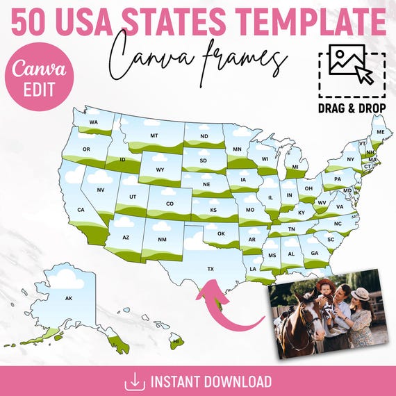 50 USA States Custom Canva Frames, USA States Canva Frames, Individual State Design, Canva Frames of American States, DIY, Canva Editable