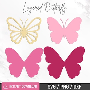 May include: Layered butterfly design in four colors: beige, light pink, pink, and burgundy. The design is perfect for crafting and creating layered paper butterflies.