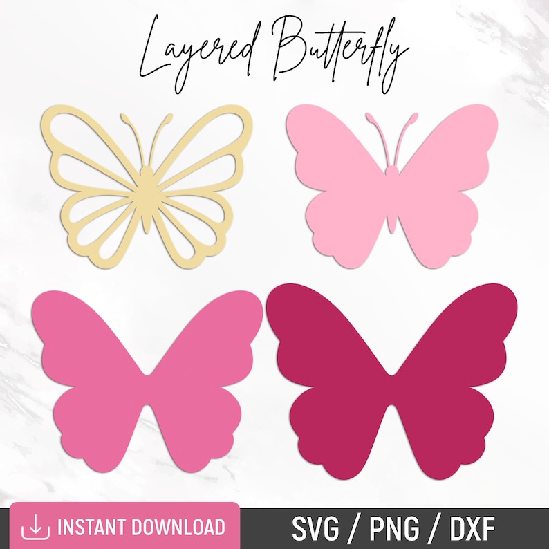 May include: Layered butterfly design in four colors: beige, light pink, pink, and burgundy. The design is perfect for crafting and creating layered paper butterflies.