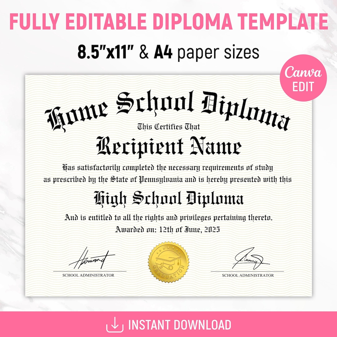 Homeschool Diploma, Home School Diploma, Diploma Template, Printable ...