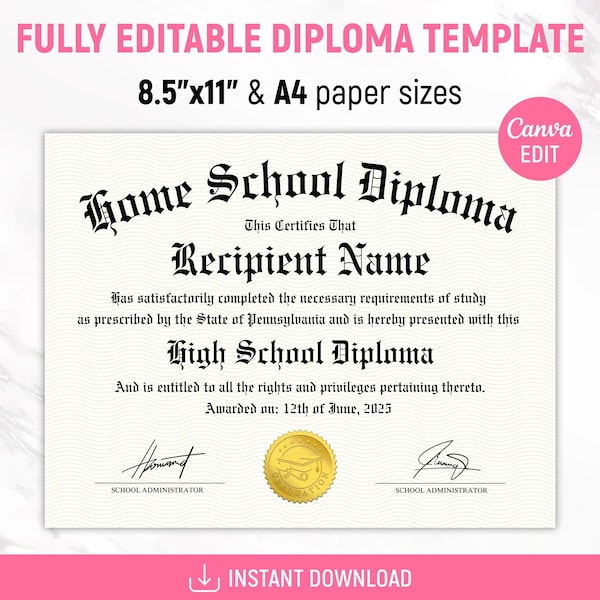 Homeschool Diploma, Home School Diploma, Diploma Template, Printable Certificate With Seal, Diploma Replica Template, Canva Editable