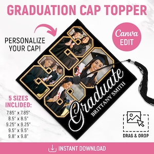 Personalized Graduation Cap Topper, Custom Grad Cap Topper, Class of 2026, Graduation Сollage Template, DIY Graduation Cap, Canva Editable