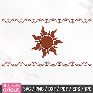 May include: A brown stylized sun with a decorative border. The sun has a circular center and rays extending outward. The border is a repeating pattern of swirls.