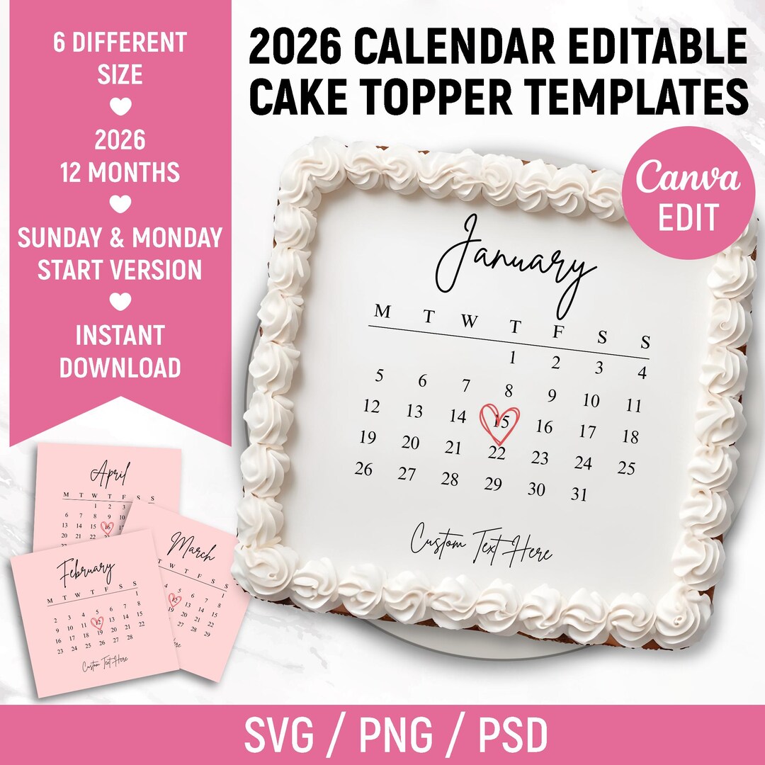 Generic Calendar Topper 2026 Burn Away Cake Topper Calendar Template, Custom Square Сake Topper ...