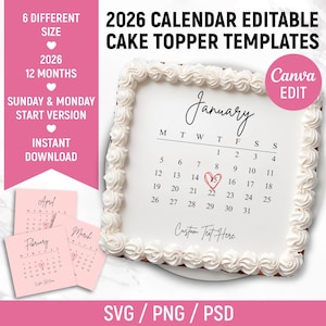 2026年 バーンアウェイ ケーキトッパー カレンダー テンプレート、カスタムスクエアケーキトッパー、印刷可能なカレンダー、誕生日ケーキトッパー、Canvaで編集可能