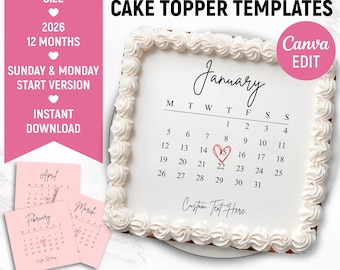 2026 Burn Away Cake Topper Kalendervorlage, benutzerdefinierter quadratischer Kuchentopper, bedruckbarer Kalender, Geburtstagskuchentopper, Canva bearbeitbar
