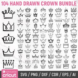 Pacote Crown Svg, King Crown Svg, Queen Crown Svg, Clipart de coroa, Coroa desenhada à mão, Doodle Crown, Cricut, Silhueta, Png, Download instantâneo