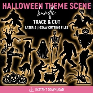 Halloween Theme Scene Template, Halloween Scene Lawn Decor, Outdoor Silhouette Template, Print, Trace & Cut, Stencils, PDF, Instant Download