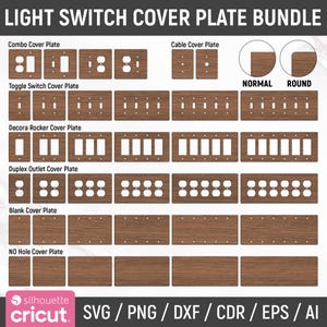 Könnte beinhalten: Ein Bundle von Holz-Lichtschalter-Abdeckplatten in verschiedenen Ausführungen, darunter Kombi-, Kipp-, Decora-Rocker-, Duplex-Steckdosen-, Blind- und Lochplatten. Das Bild enthält auch Kabelabdeckplatten sowie normale und runde Eckoptionen. Der Text unten lautet "SVG / PNG / DXF / CDR / EPS / AI".