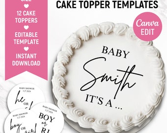 Burn Away Cake Topper Template Bundle, Baby Announcement, Custom Round Сake Topper, Printable Bakery Gender Reveal Cake Topper, Canva Edit
