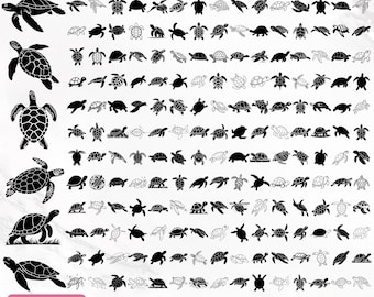 May include: A collection of 180 turtle clipart images in various styles and poses. The turtles are depicted in black and white, with different shell patterns and body shapes. The image includes the text "180 TURTLE CLIPART BUNDLE" and logos for Silhouette and Cricut.