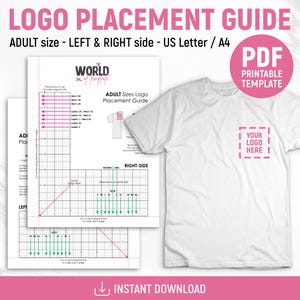 Puede incluir: Una guía de colocación de logotipos en PDF imprimible para camisetas de adultos, con un diseño de cuadrícula y medidas en pulgadas para la posición izquierda y derecha. Incluye instrucciones y una camiseta blanca con un logo rosa.