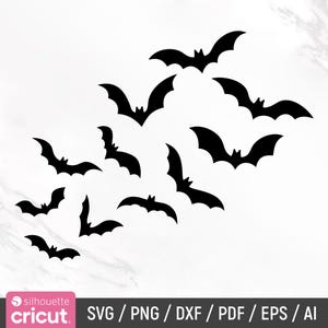 May include: A collection of ten black bat silhouettes arranged in a scattered formation. The graphic design features various flying bat shapes with spread wings. At the bottom, a pink rectangular label displays the text: silhouette cricut SVG / PNG / DXF / PDF / EPS / AI.
