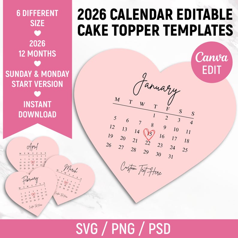 2026 Burn Away Cake Topper Calendar Template, Custom Heart Сake Topper, Calendar Printable, Birthday Cake Topper, Printable, Canva Editable image 8