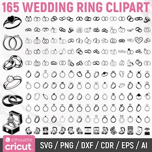 Pode incluir: Uma coleção de 165 designs de clipart de anéis de casamento em preto e branco. Os designs incluem vários estilos de anéis, incluindo solitários, alianças e anéis em forma de coração, bem como anéis em caixas. O texto "165 WEDDING RING CLIPART" está no topo.