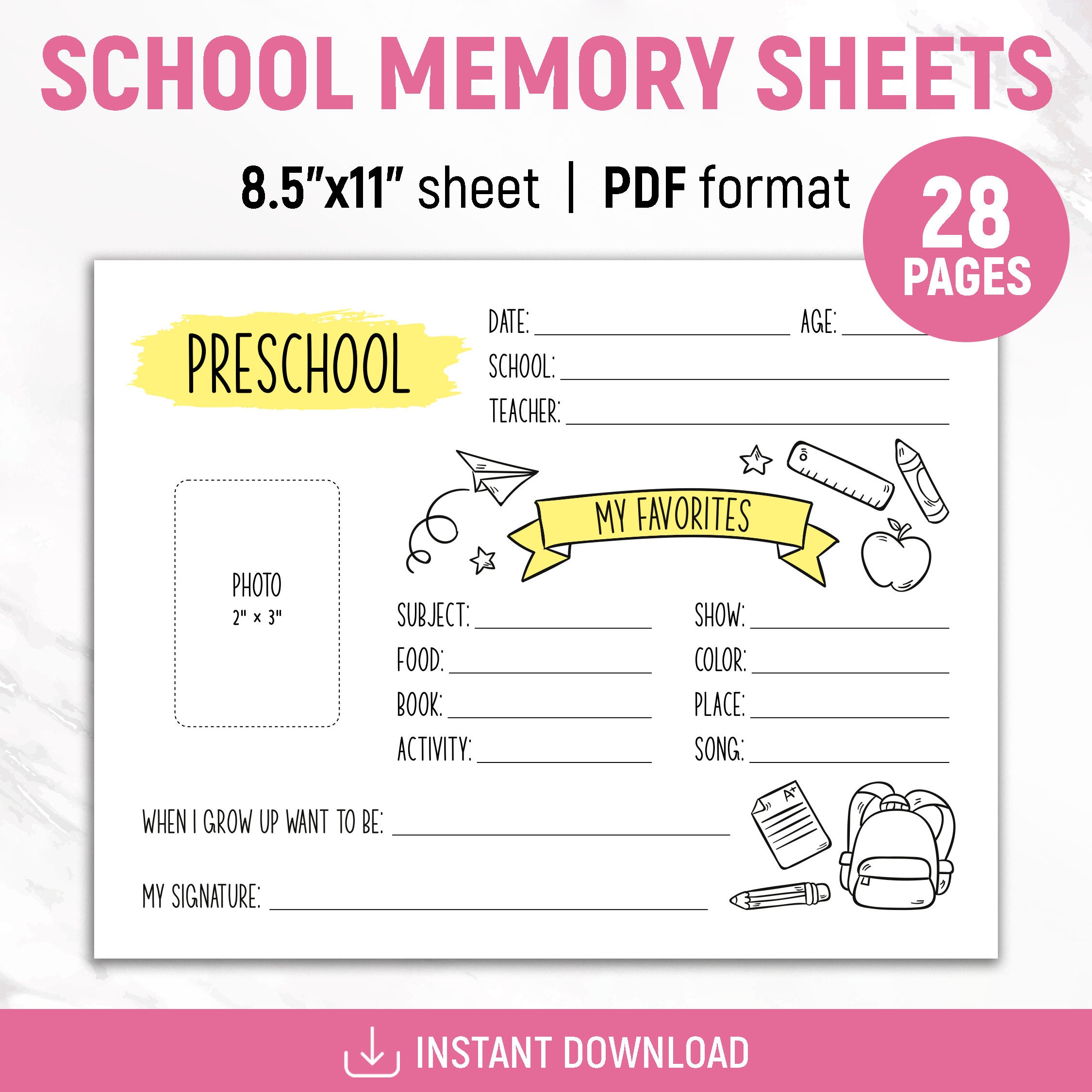 School Memory Sheets, School Memory Box, School Memory Questionnaire, School Keepsake, School File Box, School Milestone Kit, Printable, PDF