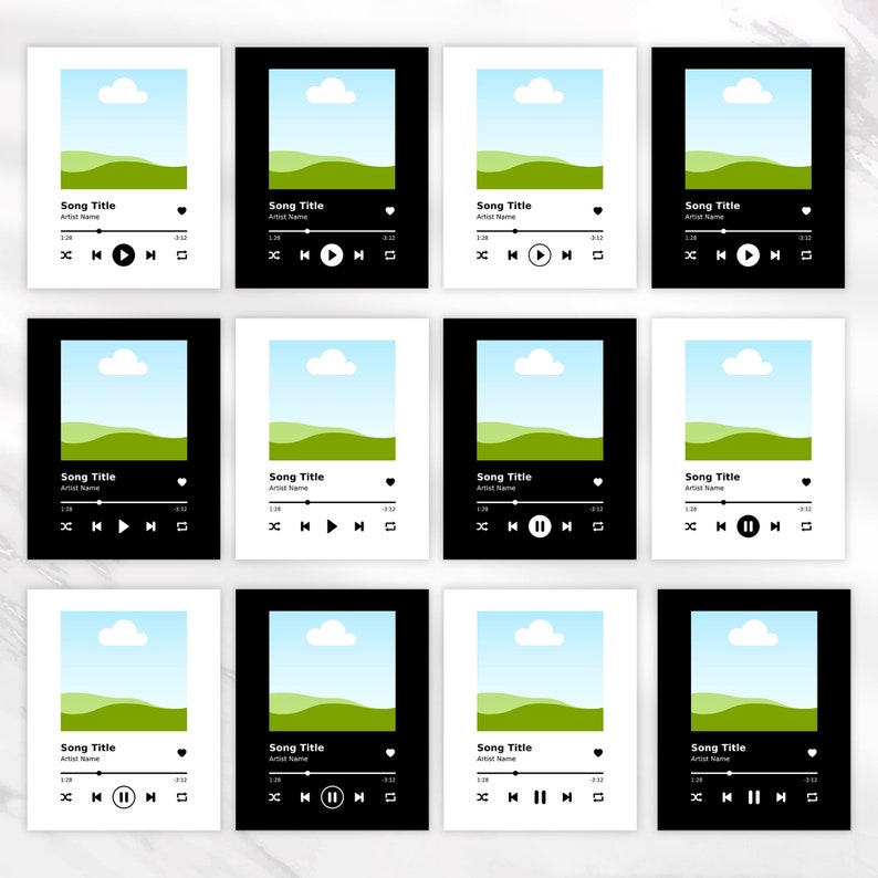 Peut inclure: Neuf variations diff&eacute;rentes d'une interface de lecteur de musique avec une image paysage d'une colline verte et d'un nuage blanc sur un fond de ciel bleu. L'interface comprend un bouton de lecture, un bouton de pause, un bouton de rembobinage, un bouton d'avance rapide, un contr&ocirc;le du volume et une barre de progression. L'interface est disponible en noir et blanc.