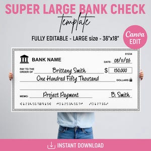 Super Large Blank Check Template, Editable Blank Check Template, Manifesting Check, Personal Check Template, Cheque Template, Canva Editable