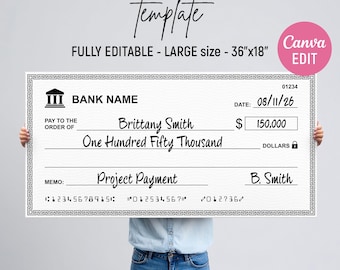 Super Large Blank Check Template, Editable Blank Check Template, Manifesting Check, Personal Check Template, Cheque Template, Canva Editable