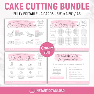 May include: A digital bundle of four editable cards titled Cake Cutting Bundle, featuring a Cake Cutting Guide, Cake Care Guide, and Thank You card. The cards include black text and line art on a white background with pink accents, measuring 5.5 inches by 4.25 inches.
