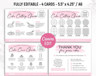 Cake Cutting Guide Cards Bundle, Cake Cutting Set, Care Instructions, Thank You Cards, Cake Cutting Guide, Bakery Care Card, Canva Editable