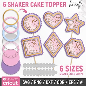 May include: A digital bundle of 6 shaker cake topper designs in circle, heart, star, square, diamond, and hexagon shapes. Each topper features a gold and purple frame with pink backgrounds filled with gold star confetti and thin wooden sticks.