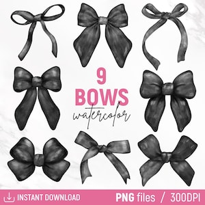 May include: Nine black watercolor bows, each with a different shape and style. The bows are arranged in a grid pattern on a white background. The text "9 BOWS watercolor" is written in pink letters below the bows.