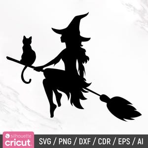 May include: A black silhouette of a witch riding a broomstick with a black cat perched on the broom handle. The witch is wearing a pointed hat and has long hair.