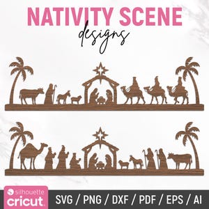 May include: Two wooden Nativity Scene designs. The top design features a stable, palm trees, and figures of the Holy Family and the Three Wise Men. The bottom design has similar elements. The text "NATIVITY SCENE designs" is at the top.