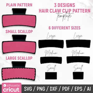 May include: A digital download of six different sizes of hair claw clip patterns in three styles: plain, small scallop, and large scallop. The patterns are in black and white and can be used for crafting and DIY projects.