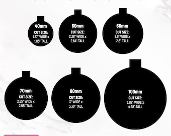 May include: Six black circle ornament SVG cut files in different sizes: 40mm (1.57" wide x 1.85" tall), 60mm (2.36" wide x 2.64" tall), 66mm (2.5" wide x 2.8" tall), 70mm (2.65" wide x 2.98" tall), 80mm (3" wide x 3.36" tall), and 100mm (3.82" wide x 4.28" tall).