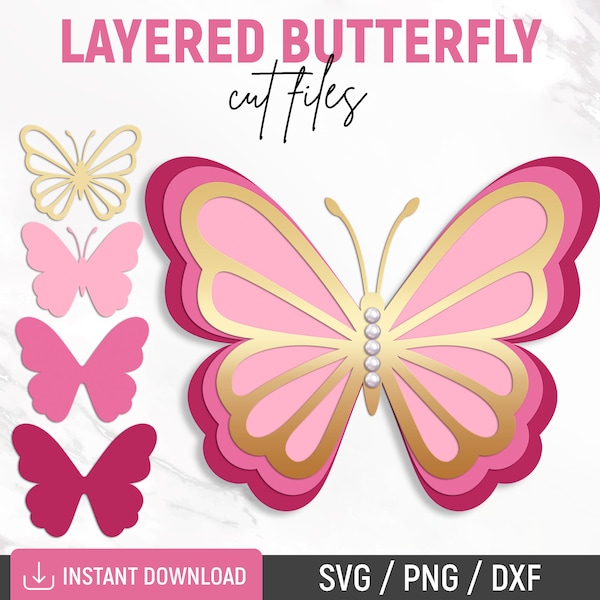 Mariposa SVG, Mariposa 3D SVG, Plantilla de mariposa, Mariposa en capas, Clipart de mariposa, Decoración de pared de mariposa, DXF, PNG, Descarga instantánea