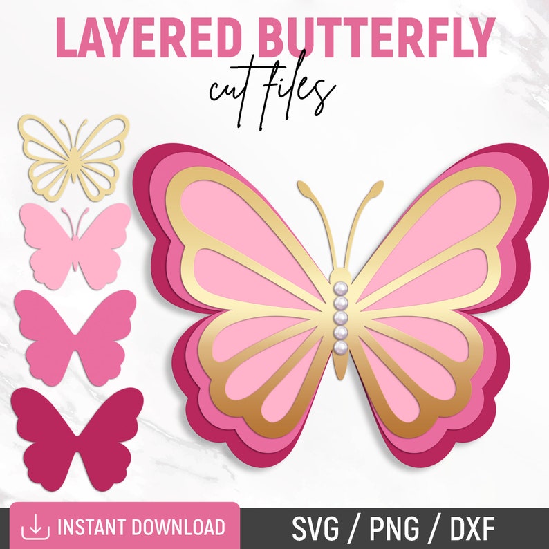 May include: Layered butterfly cut files for crafting. The design features a pink butterfly with gold accents and a row of white pearl-like embellishments.  The image includes four layers of the butterfly in different sizes, with the largest layer being pink with gold accents, the next layer being pink, the next layer being pink, and the smallest layer being burgundy.