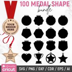 Paquete SVG con forma de medalla, archivo de corte láser para medallas, diseños de medallas de madera, patrón de forma de premio, medallas en blanco, archivo de corte láser, bricolaje, descarga instantánea