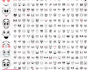 Paquete SVG de caras de dibujos animados, caras kawaii, caras divertidas, emojis, imágenes prediseñadas de caras de dibujos animados, archivos recortados, descarga instantánea