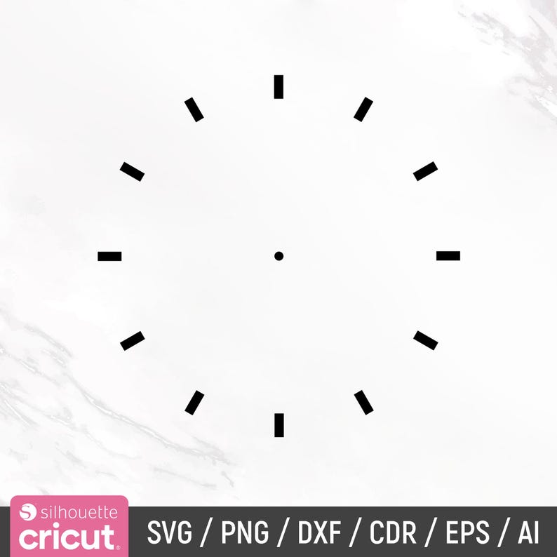 May include: A black and white clock face with 12 hour markings. The clock face is circular and has a small dot in the center.