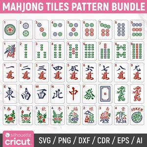 Peut inclure: Un ensemble de motifs de tuiles de Mahjong numériques présentant une grille de tuiles rectangulaires blanches avec des illustrations colorées de points, bambous, caractères chinois, vents, dragons, fleurs et une tuile Joker. Le texte est en haut.