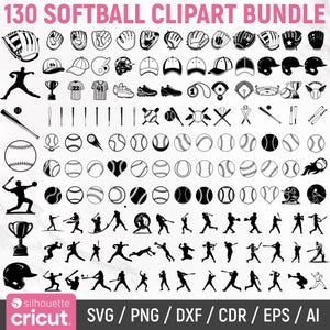 Puede incluir: Una colección de 130 imágenes prediseñadas de softbol en blanco y negro. Las imágenes incluyen equipos de softbol como guantes, cascos, bates, pelotas y siluetas de jugadores. El texto "130 SOFTBALL CLIPART BUNDLE" está en la parte superior.