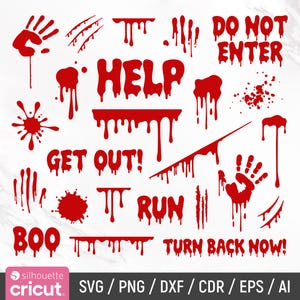 Könnte beinhalten: Eine Sammlung roter digitaler Grafikelemente mit blutähnlichen Tropfen, Handabdrücken, Kratzspuren und Texten wie DO NOT ENTER, HELP, GET OUT, RUN, BOO und TURN BACK NOW, die auf einem weißen Hintergrund dargestellt sind.