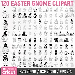May include: A collection of 120 black and white Easter gnome clipart images. The gnomes are depicted in various poses and styles, some holding eggs or carrots. The text "120 EASTER GNOME CLIPART" is at the top, with "silhouette" and "cricut" logos at the bottom.