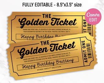 Golden Ticket Template, Editable Golden Ticket, Golden Event Ticket, Custom Ticket Invitation, Golden Voucher Template, DIY, Canva Editable