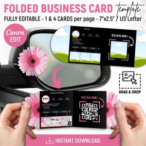 May include: A folded business card template with the text "FOLDED BUSINESS CARD Template" and "FULLY EDITABLE - 1 & 4 CARDS per page - 7"x2.5" / US Letter". The card features a QR code and the words "SCAN ME!".