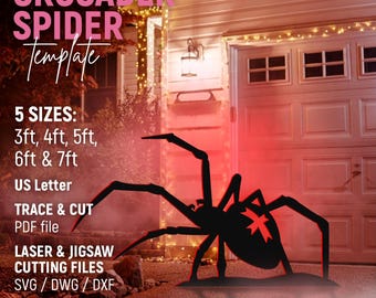 Spindelmall, Halloween-scen gräsmattedekor, utomhussilhuettmall, DIY, utskrivbar, spåra och klipp, schabloner, PDF, direktnedladdning