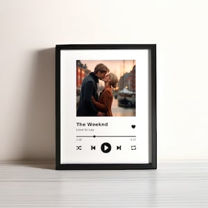 Peut inclure: Une impression encadr&eacute;e d'un lecteur de musique avec une photo d'un couple qui s'embrasse. Le titre de la chanson est "Love to Lay" de The Weeknd. Le lecteur de musique a un bouton de lecture, une ic&ocirc;ne de c&oelig;ur et une barre de progression.