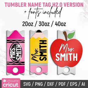 Adorno para vaso de profesor SVG, placa con nombre de lápiz, adorno Stanley SVG de 40 oz, 30 oz, 20 oz, archivo de corte Glowforge, etiqueta de Apple SVG, placa con nombre Stanley SVG